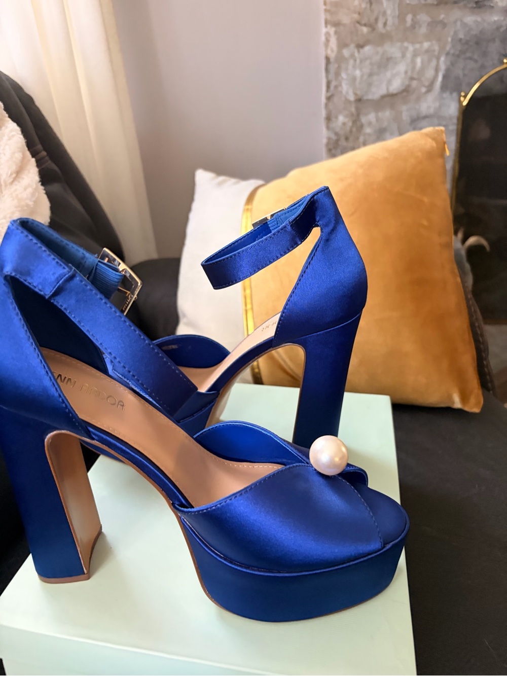 Satin Royal Blue Platform Sandals with Pearl Accent